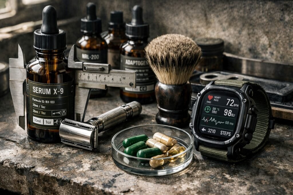 Bancada técnica de biohacking masculino com frascos de sérum, suplementos e smartwatch de performance.